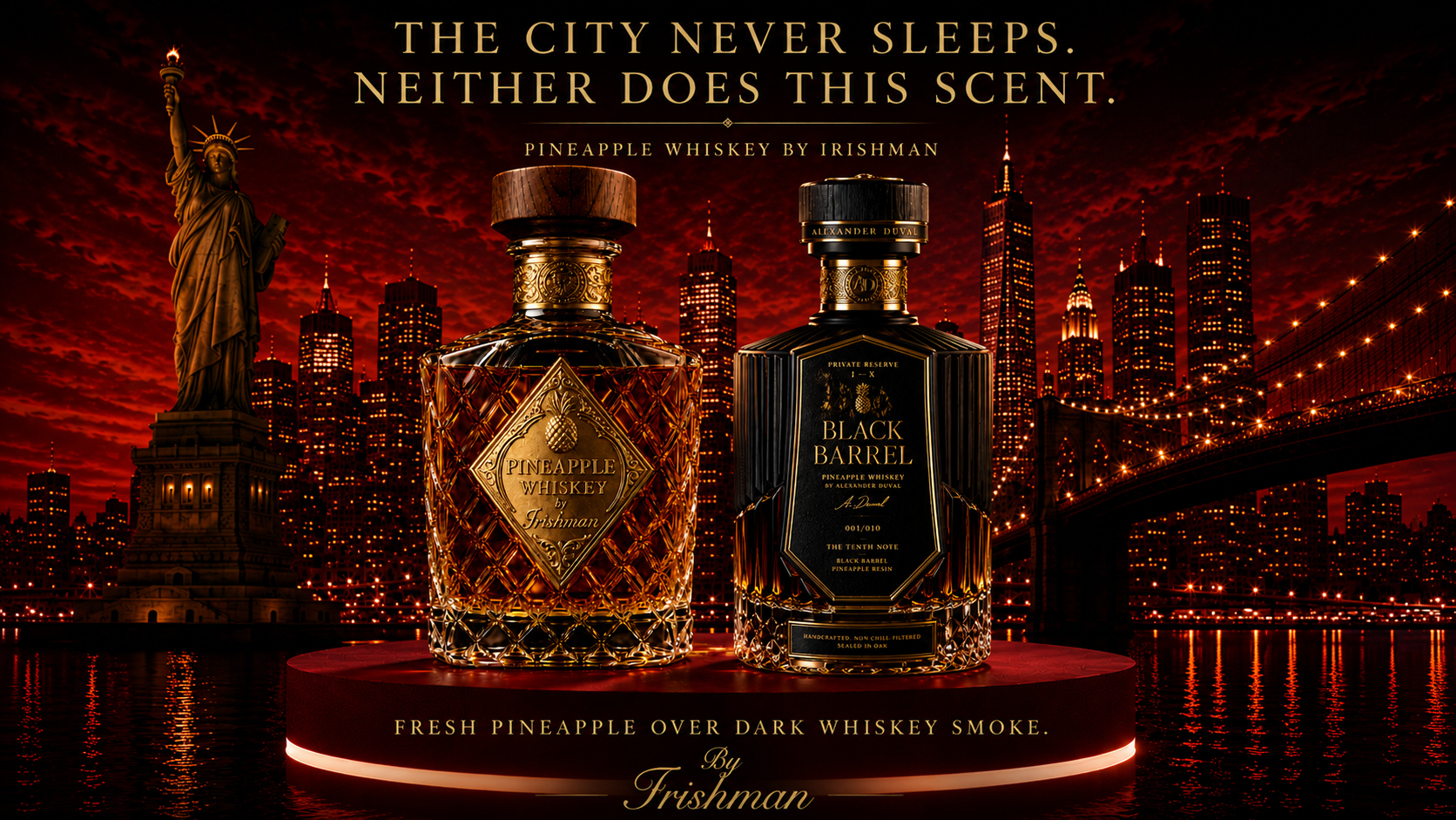 Pineapple Whiskey and Black Barrel flacons by Irishman against a cinematic red Manhattan skyline