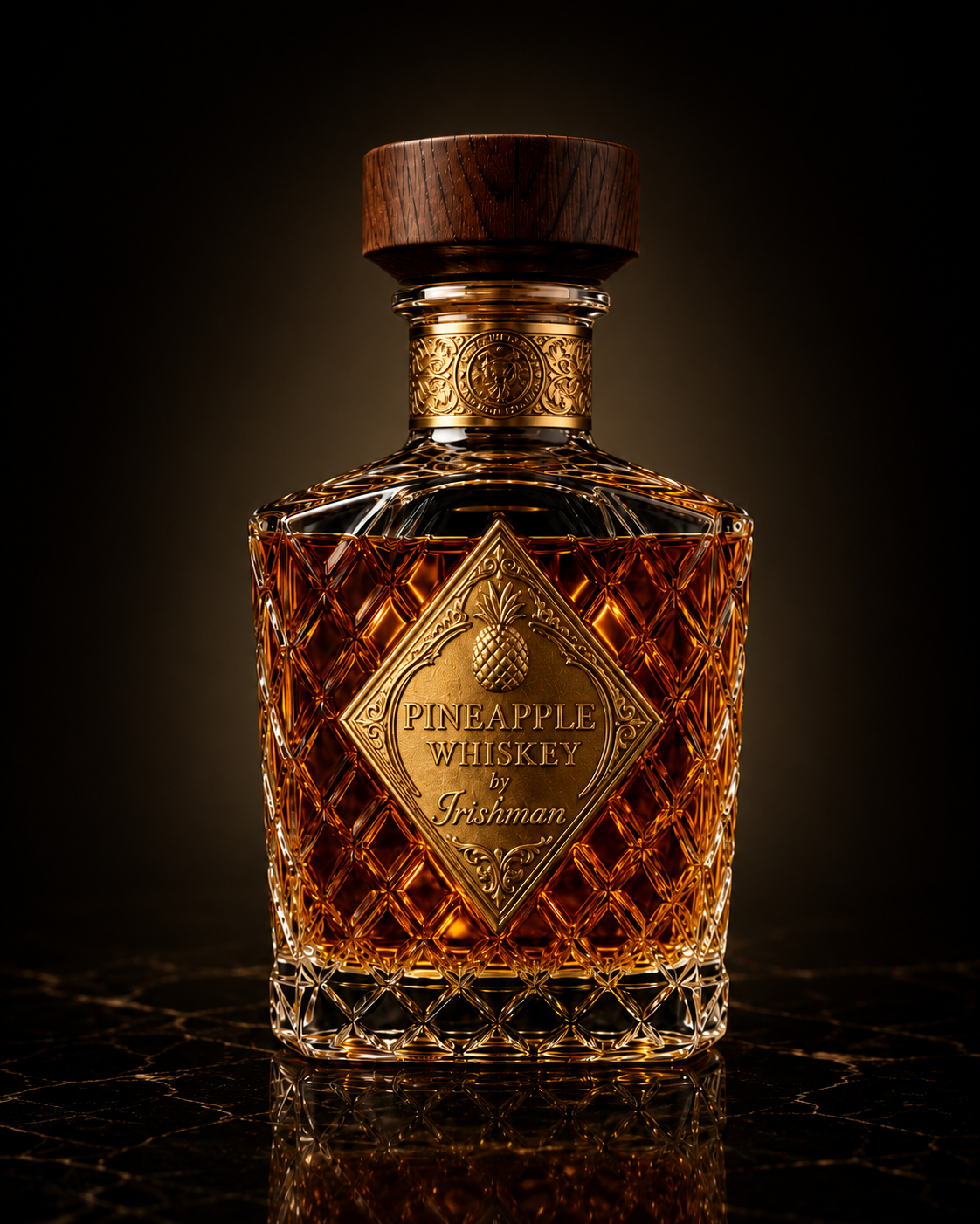 Pineapple Whiskey flacon — hand-cut crystal with oak cap and gold engraved collar